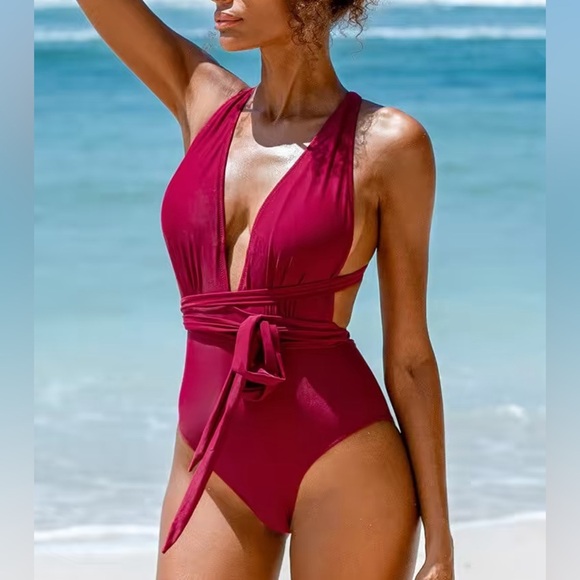 NWT Cupshe Burgundy Deep V-neck One Piece Swimsuit - Picture 1 of 10